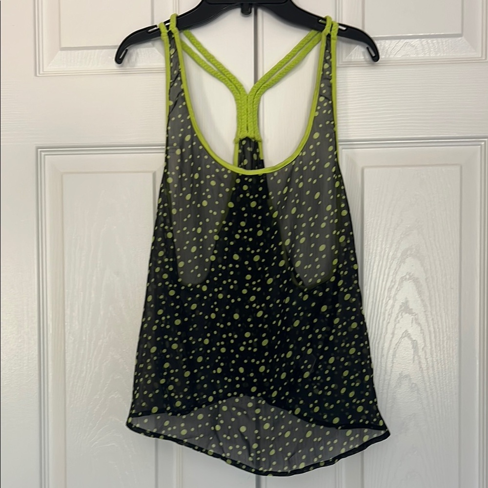 Black Sheer Green Polka Dot Asymmetrical Backless Tank Top Perfect For Layering